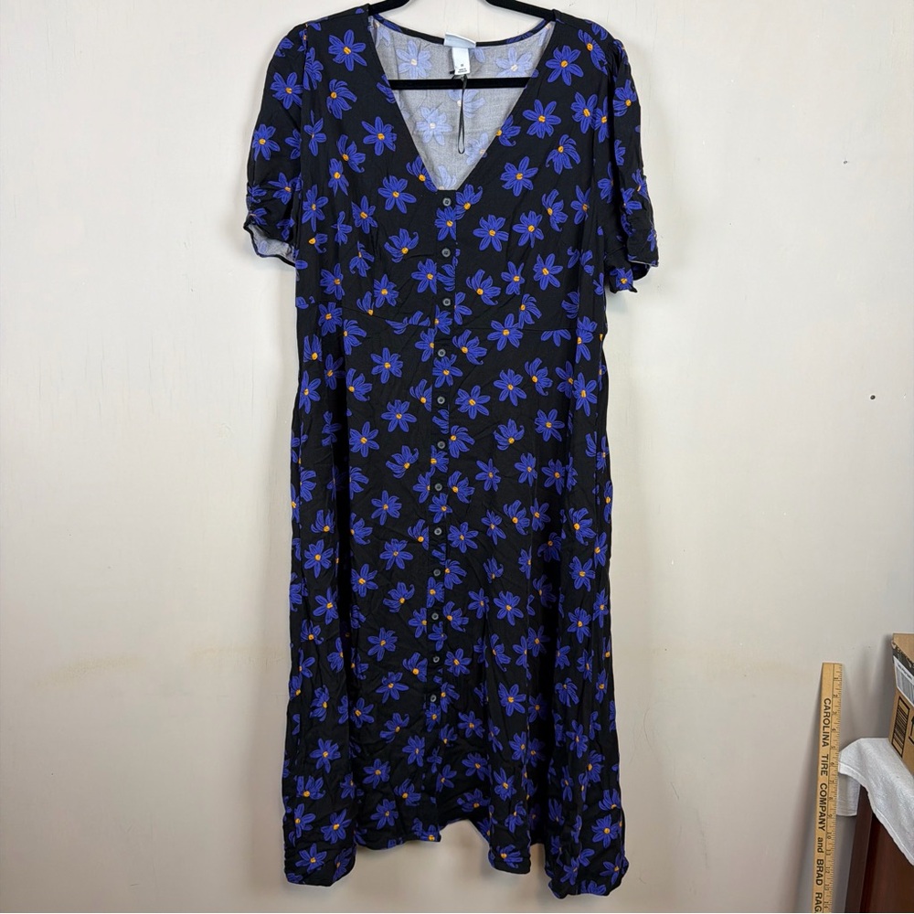 Ava Viv Midi Dress XXL 18/20 Navy Blue Short Sleeve Casual Dress Button Pockets